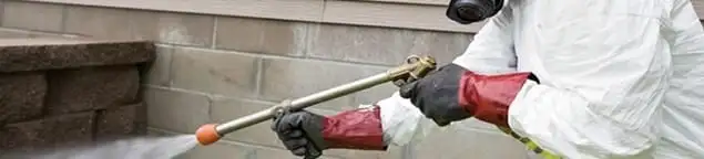 Pest control technician applying exterior insect treatment along a home foundation in Baltimore, MD