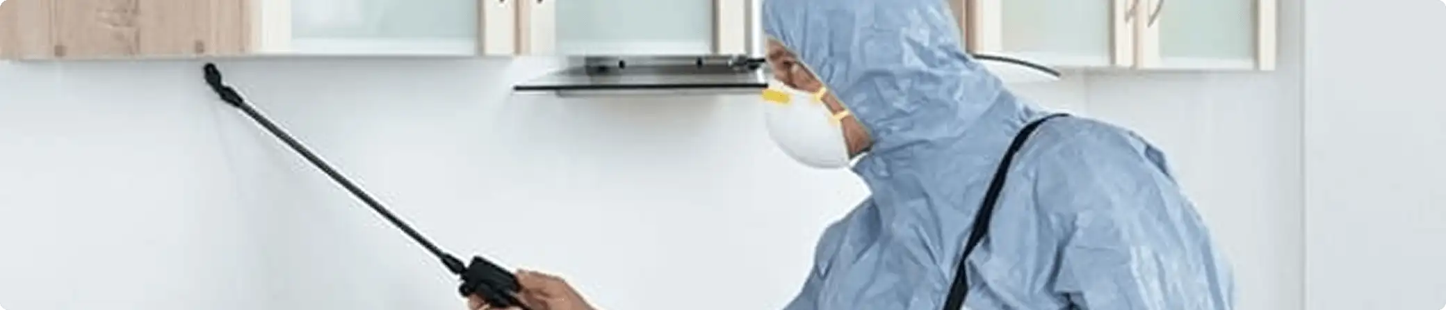 Pest control technician spraying along baseboards for indoor pest treatment in Baltimore, MD